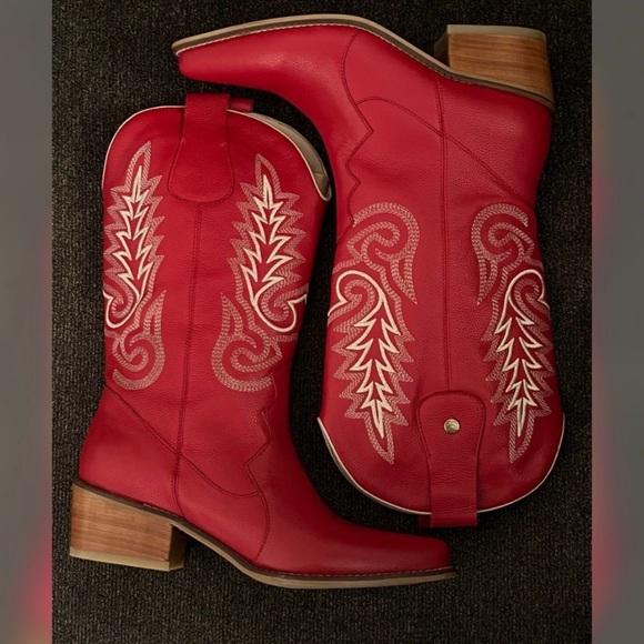 Stivali New York Red Leather Western Loyal Cowgirl Boots -Size 8 - Picture 7 of 12